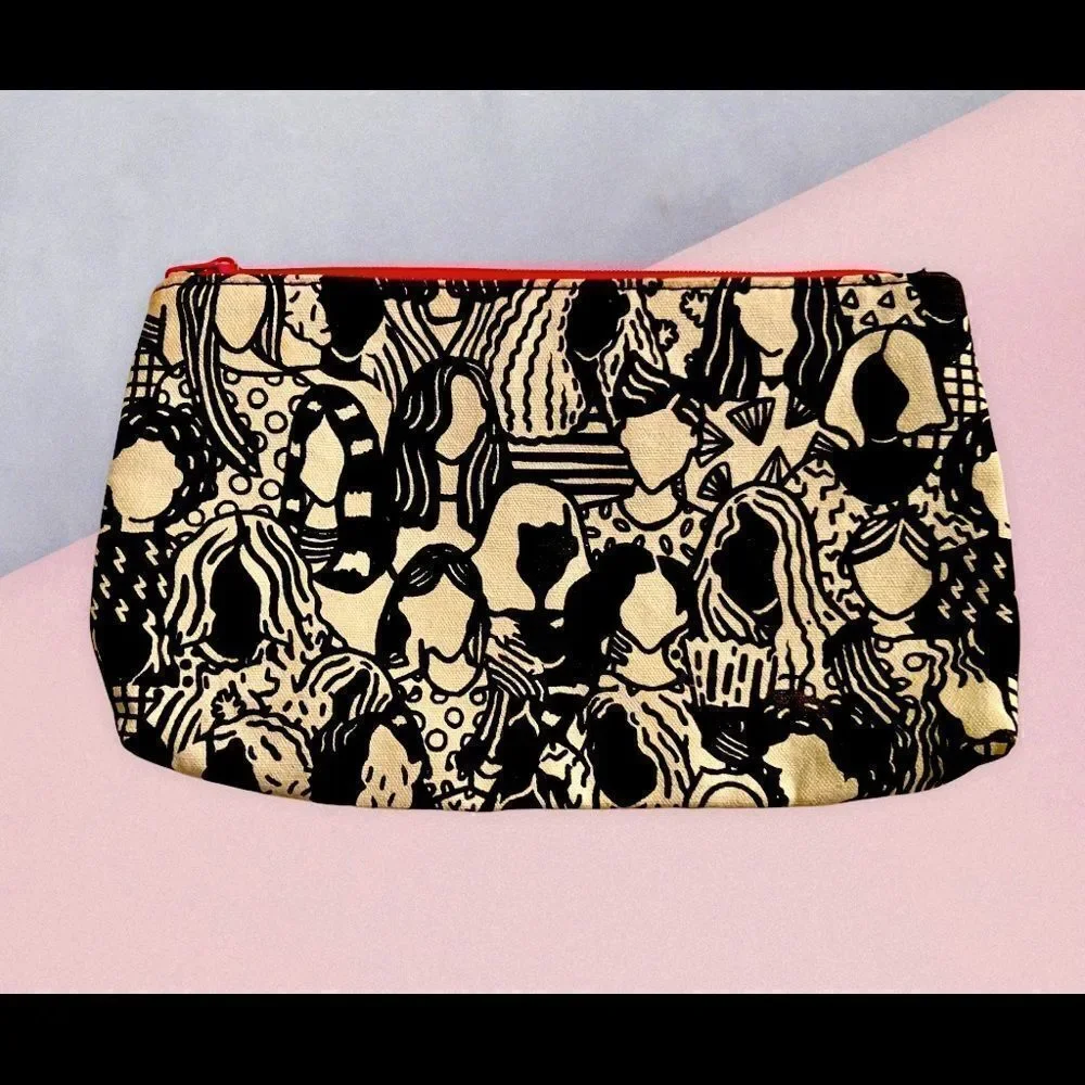 Ipsy Glam Bag Canvas Black/White/ Pink Lady Faces